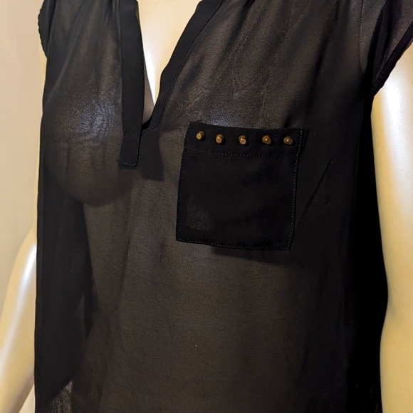 Large sheer black goth pocket rhinestone bongo club shirt v-neck sexy party - Picture 2 of 5